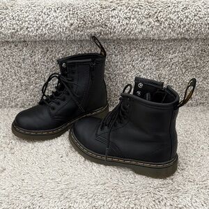 Dr. Martens Girls Black Lace-Up Combat Boots with Yellow Stitching